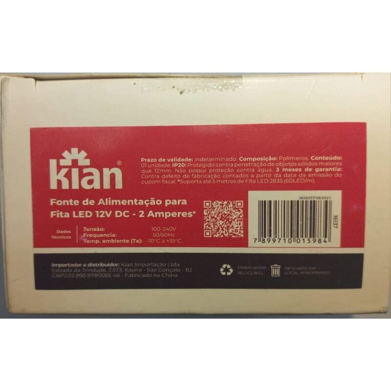 FONTE DE ALIMENTAÇÃO P/FITA LED 12V 2A KIAN