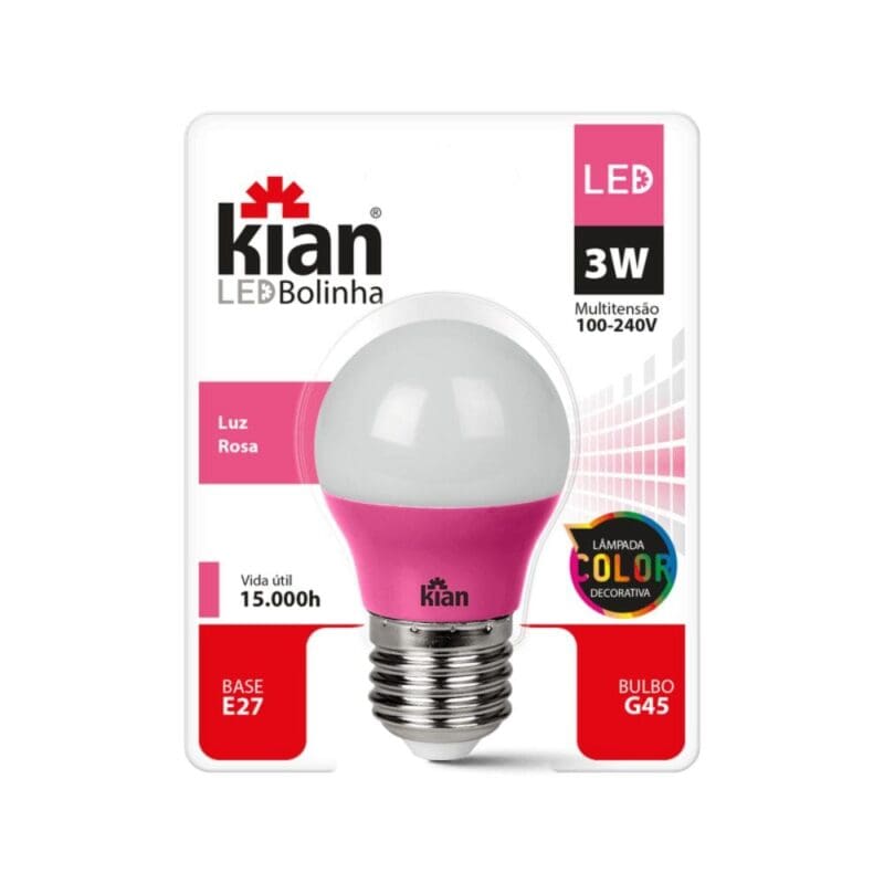 LÂMPADA LED BOLINHA 3W BIVOLT E27 ROSA KIAN