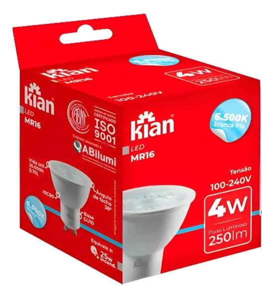 LÂMPADA LED MR16 4W 6,5K BRANCA BIVOLT GU10 KIAN