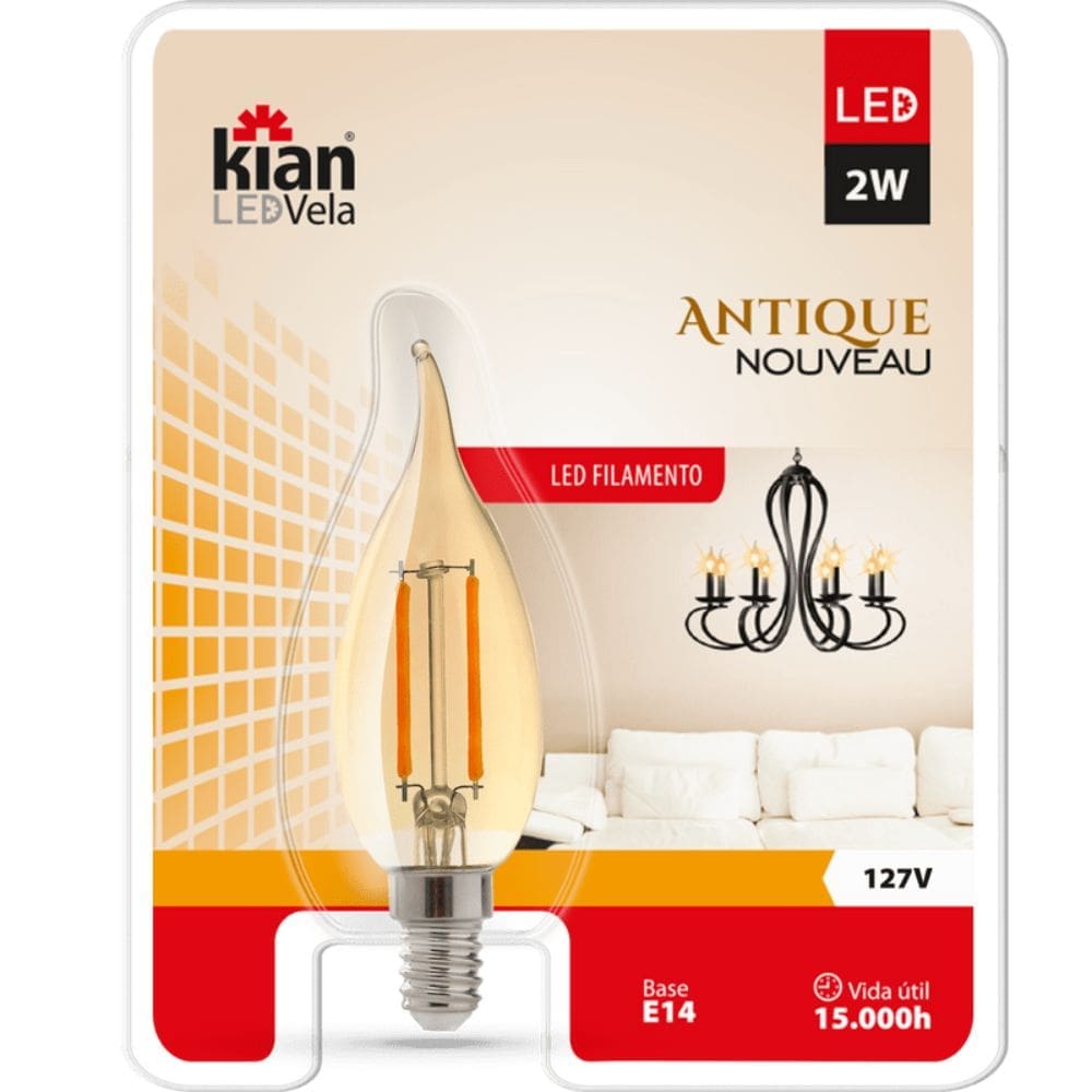 LÂMPADA LED ANTIQUE FILAMENTO VELA 2W 2,2K 127V E14 KIAN