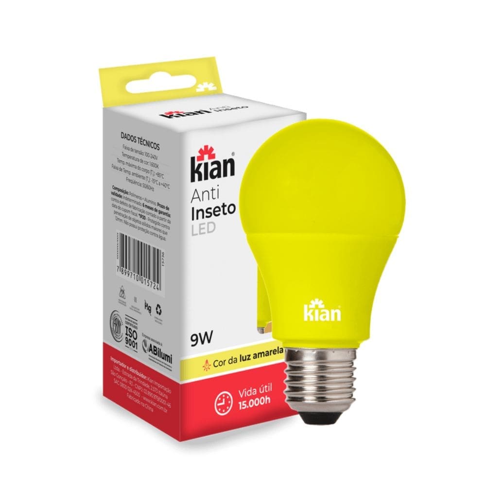 LÂMPADA LED BULBO 9W ANTI-INSETO AMARELA BIVOLT KIAN