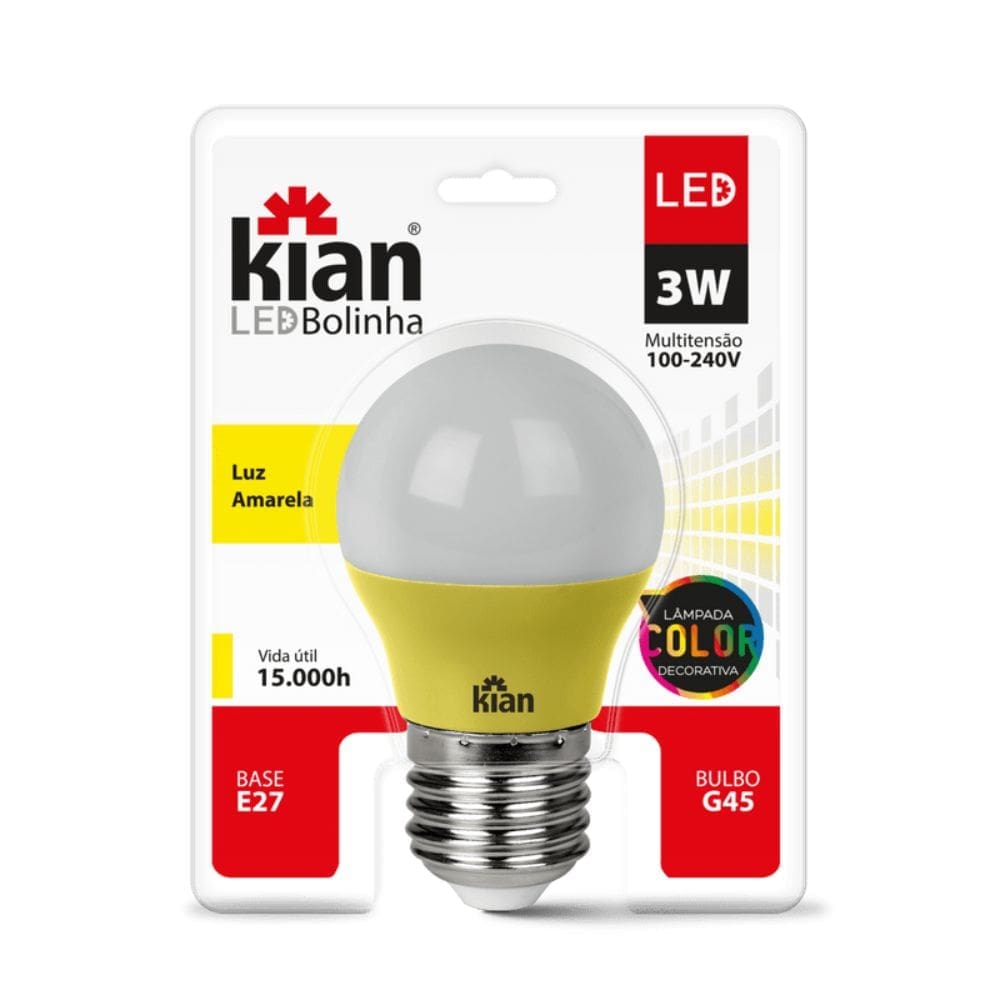 LÂMPADA LED BOLINHA 3W BIVOLT E27 AMARELO KIAN