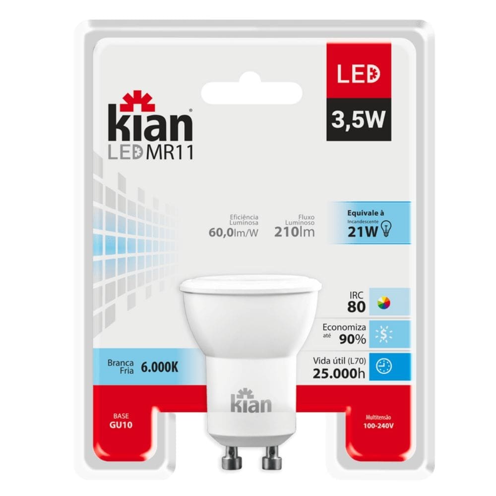 LÂMPADA LED MR11 3,5W 6,5K BIVOLT GU10 BRANCA KIAN