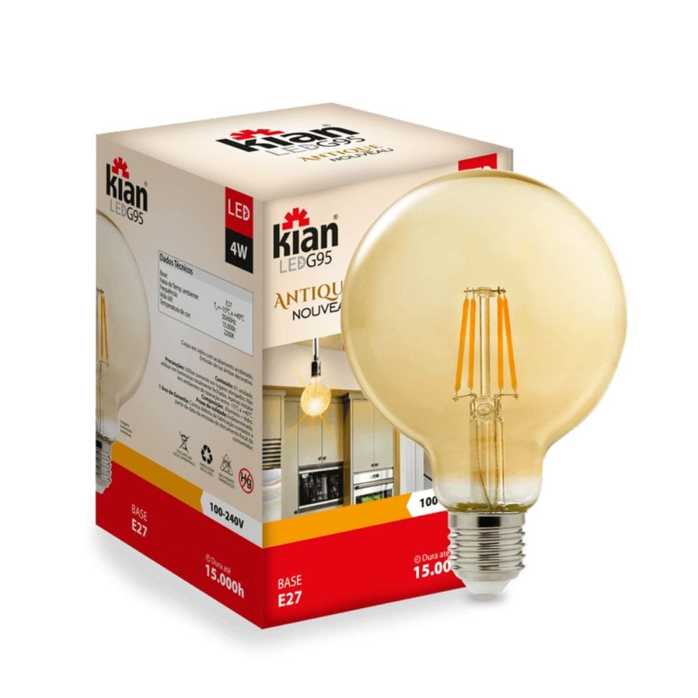 LÂMPADA LED ANTIQUE FILAMENTO BALÃO G95 4W 2,2K BIVOLT E27 KIAN