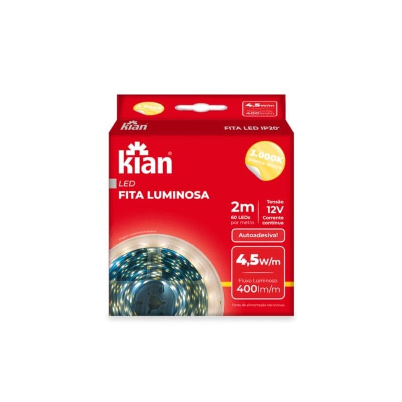 FITA LED 12V 2M 3K AMARELA IP20 4,5W/M S/FONTE KIAN